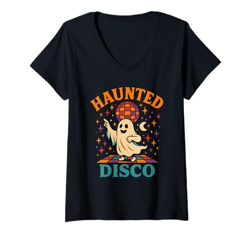 Damen Gespenstischer Disco-Geistertanz im Retro-Look T-Shirt mit V-Ausschnitt Damen Gespenstischer Disco-Geistertanz im Retro-Look T-Shirt mit V-Ausschnitt von haunted disco ghost dance party retro halloween