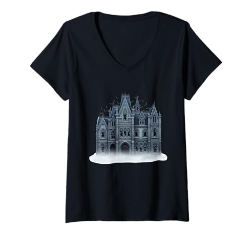 Damen Mansion Gothic Manor Fog Fledermäuse T-Shirt mit V-Ausschnitt Damen Mansion Gothic Manor Fog Fledermäuse T-Shirt mit V-Ausschnitt von haunted house gothic mansion bats fog haunted