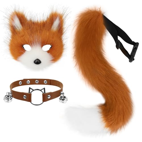 hbbhml Kunstpelz Fuchs Maske Wolf Katze flauschiger Schwanz und Leder Halskette Set Halloween Party Cosplay Kostüm Accessoire von hbbhml