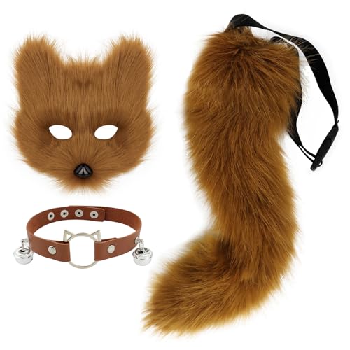 hbbhml Pelzige Katze Fuchs Maske Wolf Schwanz Karneval Halloween Party Cosplay Kostüm Leder Hals Choker Zubehör Set für Kinder Erwachsene von hbbhml