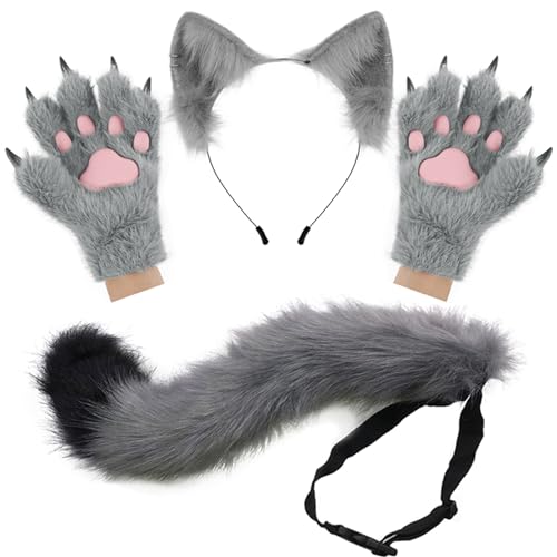 hbbhml flauschige Ohren Schwanz und Katze Pfoten Handschuhe Set Cosplay Kostüm Zubehör für Halloween Weihnachten Karneval Party verkleiden von hbbhml