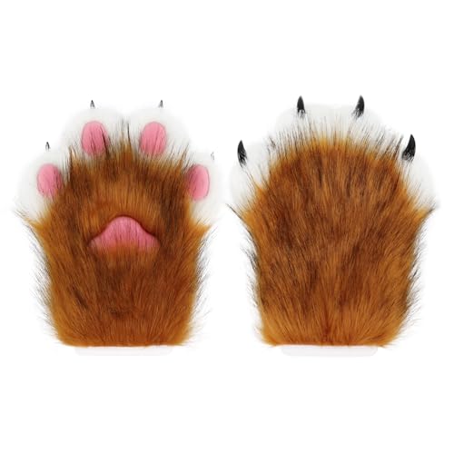 hbbhml Pelzige Katzenklauen-Handschuhe aus Plüsch-Kunstleder, Fäustlinge für Fuchstiere, Zubehör für Halloween-Kostüme für Erwachsene, Fuchs, Einheitsgröße von hbbhml