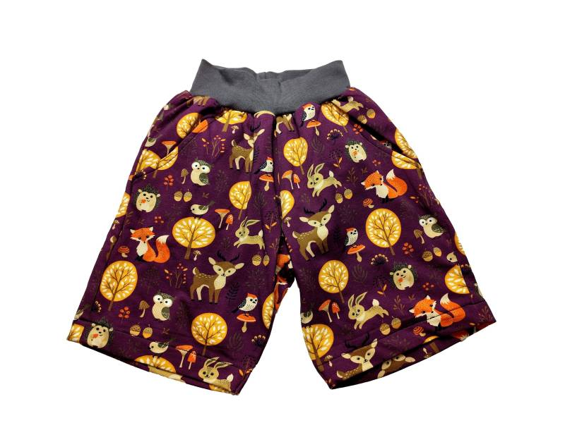 110/116 Kurze Hose, Shorts Lila Waldtiere Füchse Mit Taschen von hcotec