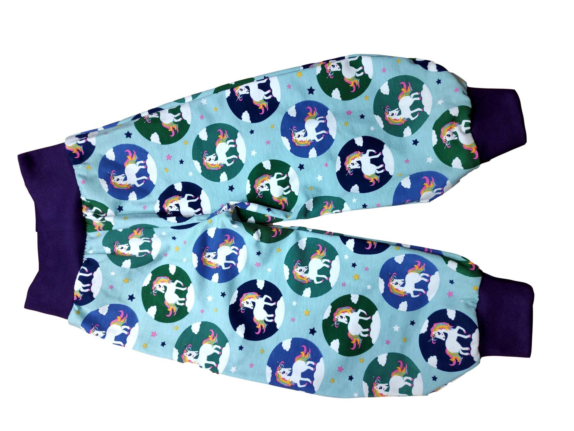 122/128 Gefüttertpumphose Jersey Hellmintfarben Einhorn Lila Bündchen von hcotec