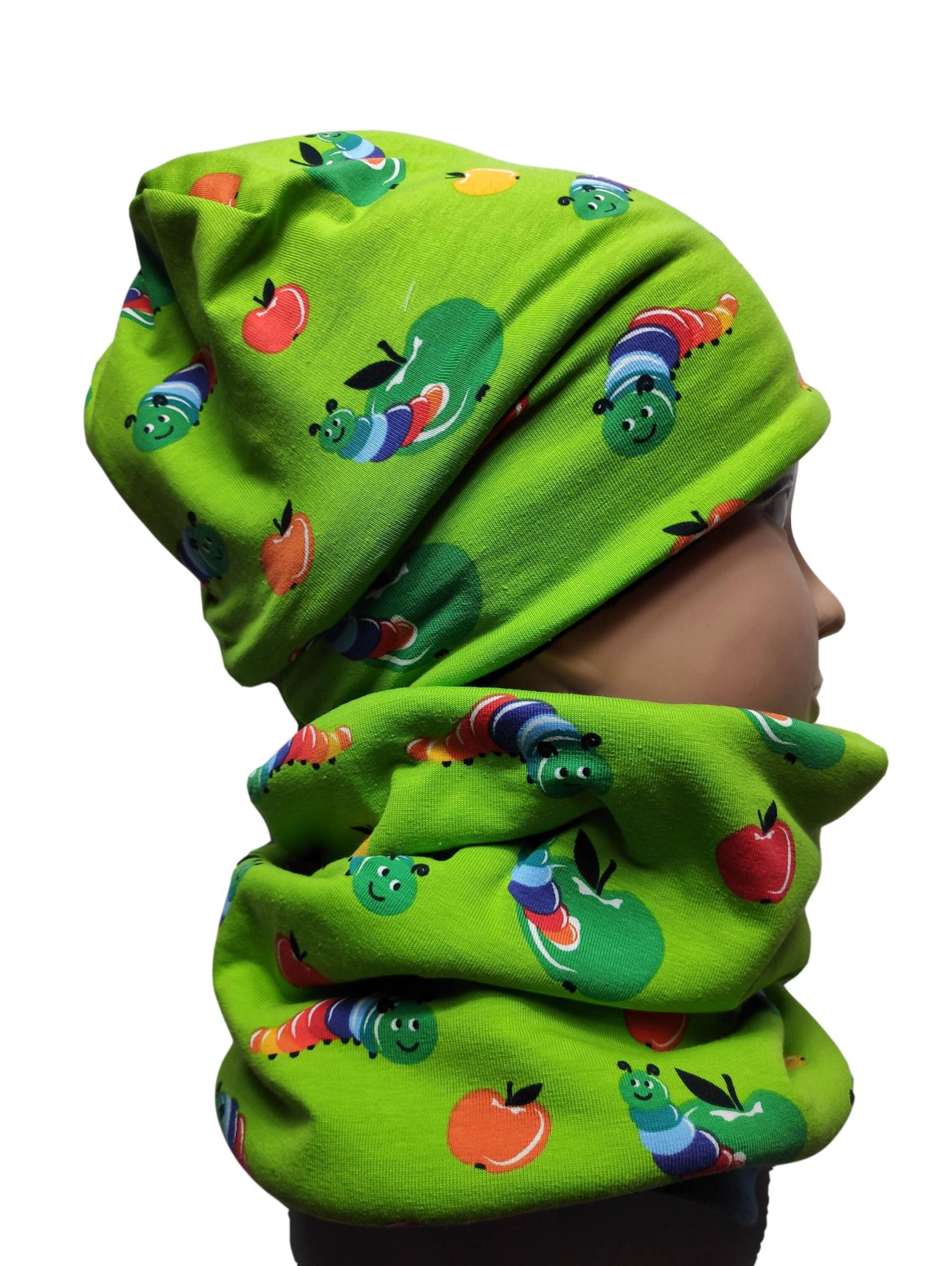 Beanie Mit/ Ohne Halstuch, Hellgrüner Jersey Bunte Raupen Gefüttert/Ungefüttert Handmade Beanie Mit/ Ohne Halstuch, Hellgrüner Jersey Bunte Raupen Gefüttert/Ungefüttert Handmade von hcotec
