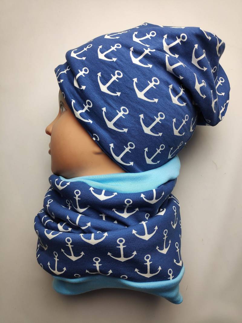 Beanie Mit Halstuch, Jeansblau Weißen Ankern Handmade von hcotec