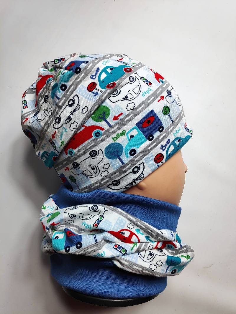 Beanie Mit Halstuch, Weiß-Grau Autos Und Straßen Handmade von hcotec