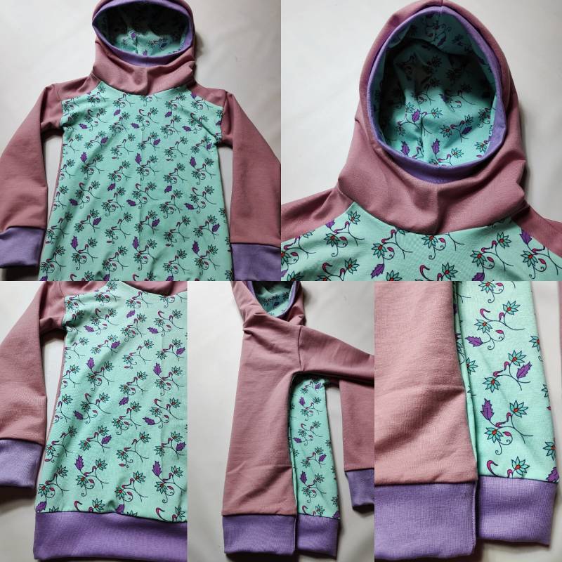 Kapuzenpullover, Selbst Genäht, Hautfarben Hellrosa Mit Blumenranke Auf Mint von hcotec