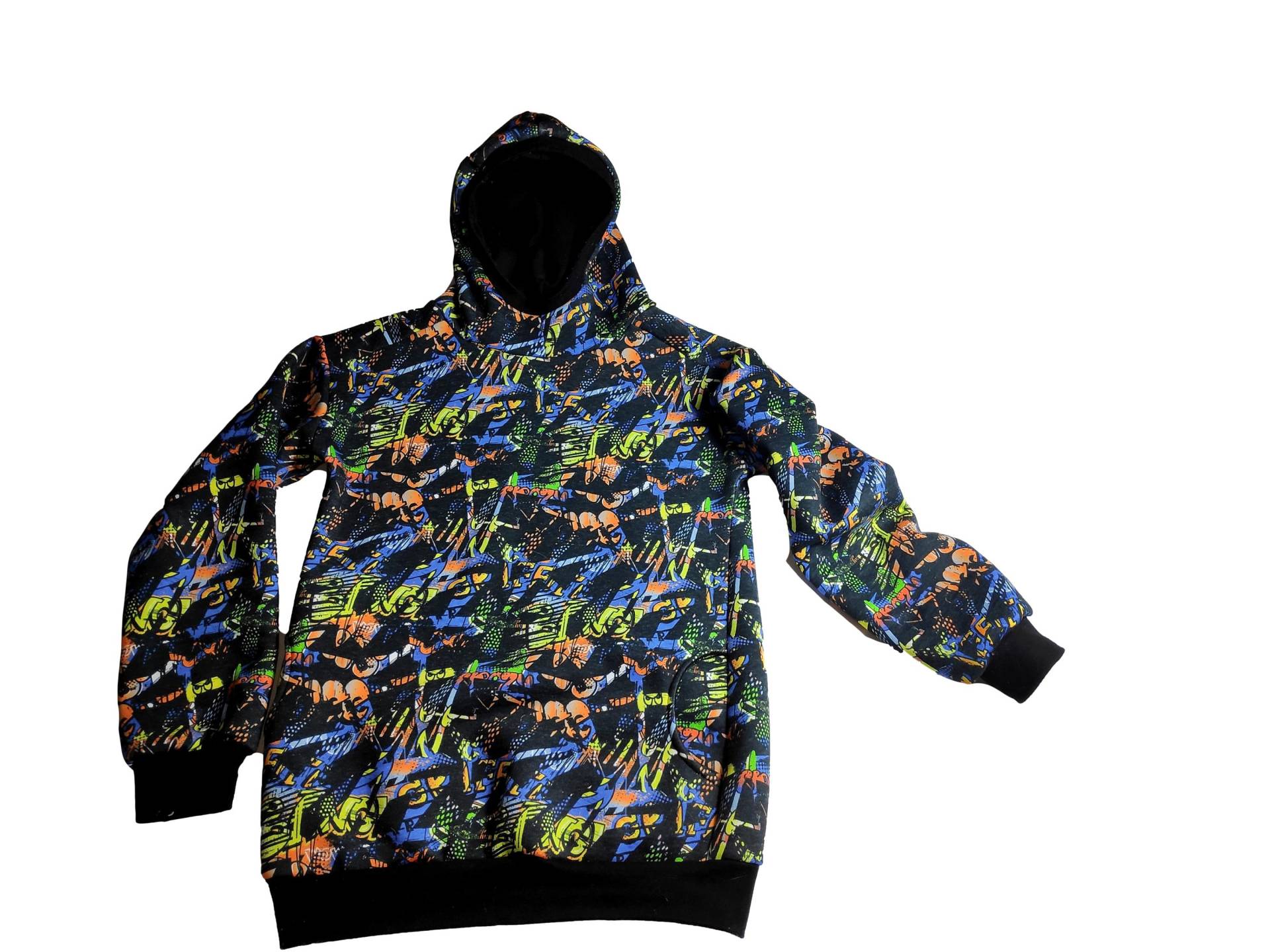 Kapuzenpullover Hoodie Bunt Schwarz Linien Kritzel Sweatstoff Taschen Schriftzug Graffiti Comic Handmade 86/92 - 158 von hcotec