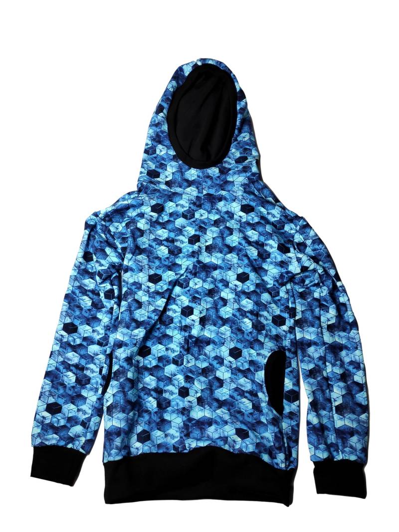 Kapuzenshirt Blau Weiß Hellblau Sweatstoff, Taschen, Würfel, Quader , Handmade 86/92 - 158 von hcotec