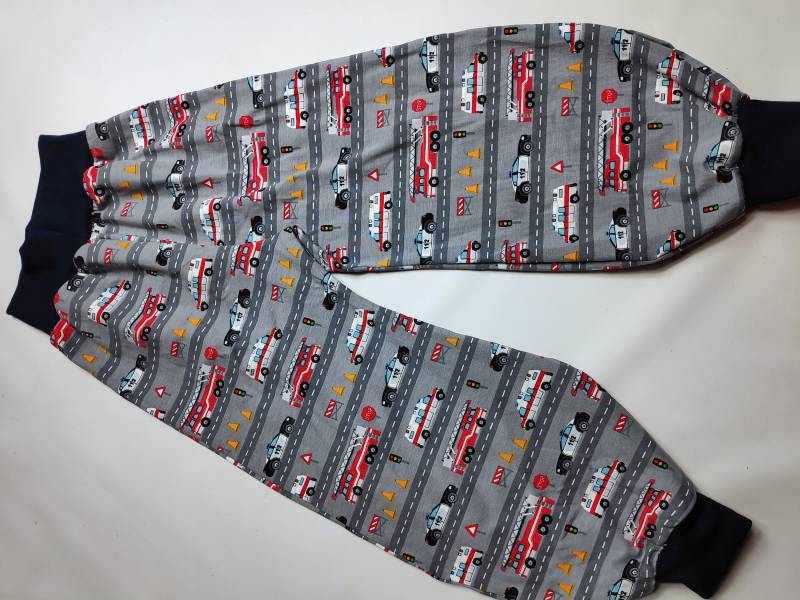 Pumphose Grau Mit Rettungsfahrzeugen Nachtblaue Bündchen 68-164 Handmade von hcotec
