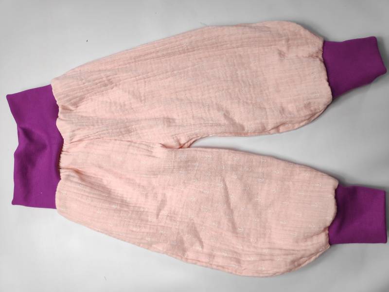 Pumphose Musselin, Hellrosa Mit Kleinen, Zart Weißen Ankern Erikafarbene Bündchen 68-164 Handmade Sommerhose, Locker Leicht von hcotec