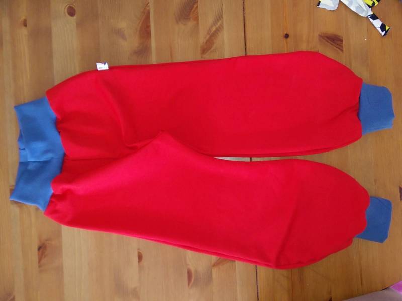 Pumphose Rot, French Terry Herbst 68-164 Handmade, Jeansblaue Bündchen von hcotec