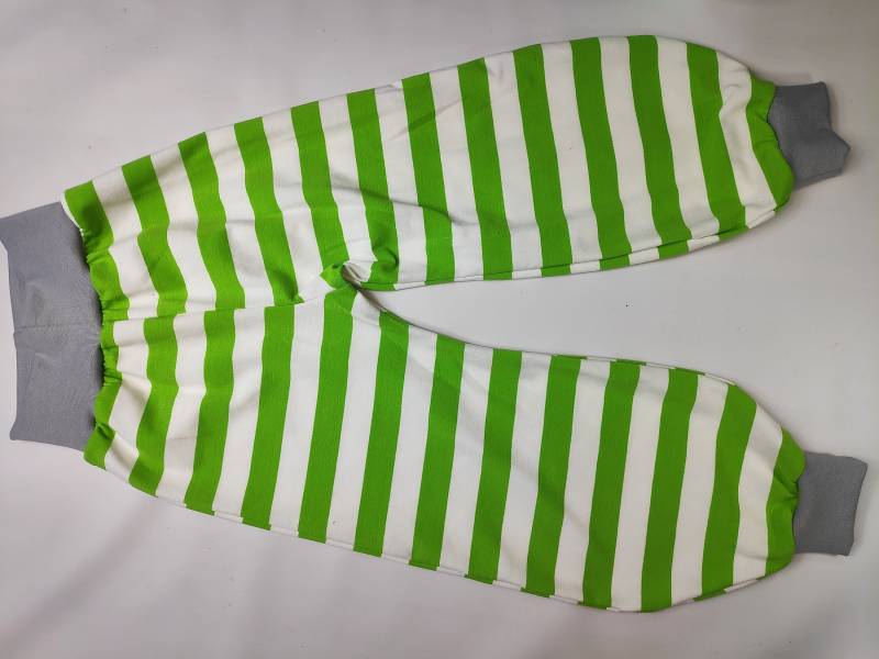 Pumphose Weiß-Hellgrün Gestreifter Jersey Silbergraue Bündchen 68-164 Handmade Breitstreifen, Große Streifen von hcotec