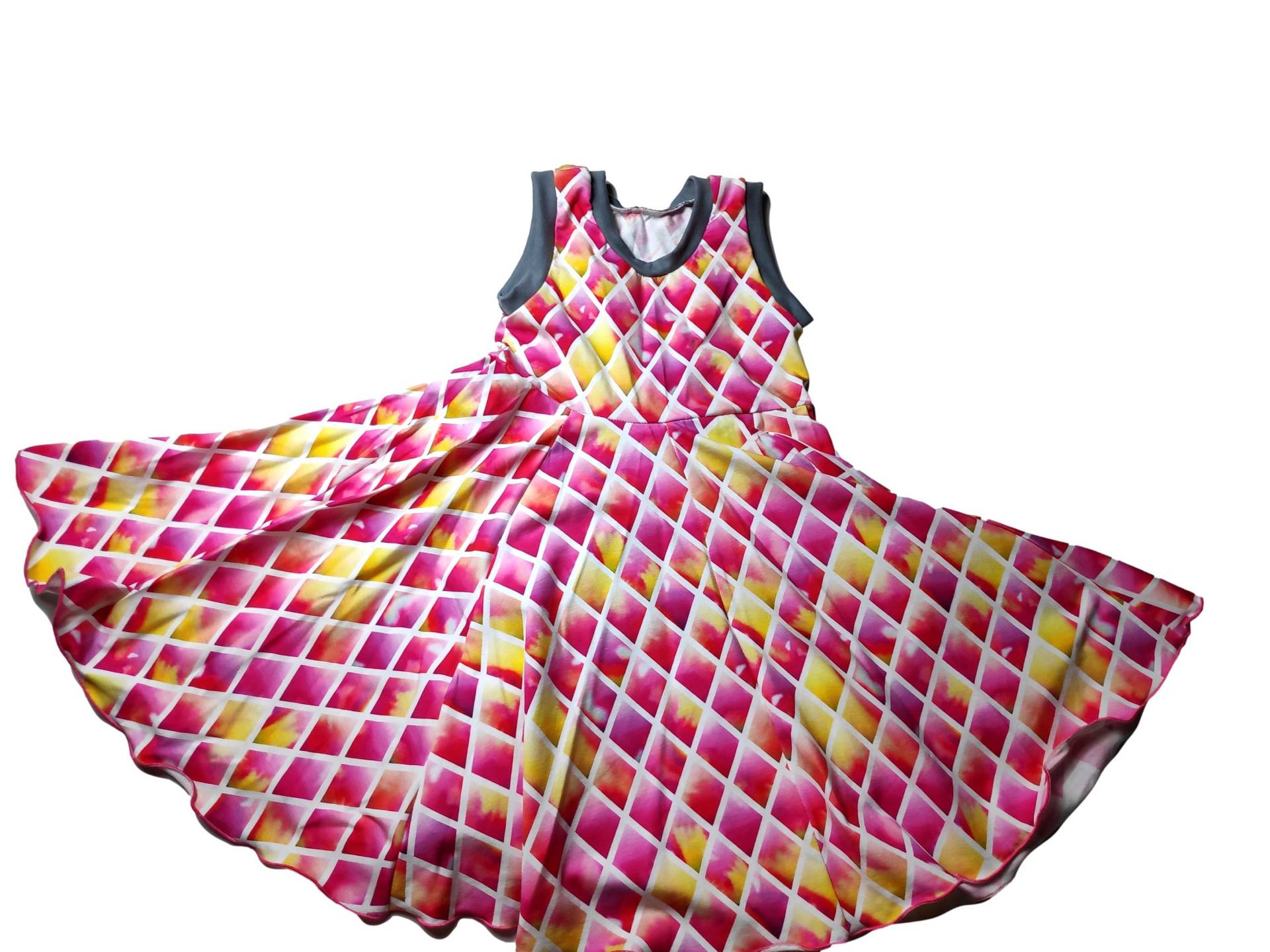 Tellerkleid Pink Gelb Rechteck Raute Weiße Linien Bündchen Leuchtend Handmade 86-164 Drehkleid Sommerkleid von hcotec