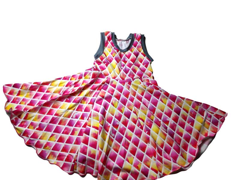 Tellerkleid Pink Gelb Rechteck Raute Weiße Linien Bündchen Leuchtend Handmade 86-164 Drehkleid Sommerkleid von hcotec