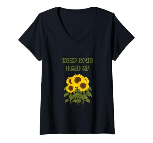 Damen Sonnenblume hält den Kopf hoch T-Shirt mit V-Ausschnitt Damen Sonnenblume hält den Kopf hoch T-Shirt mit V-Ausschnitt von head up think positive
