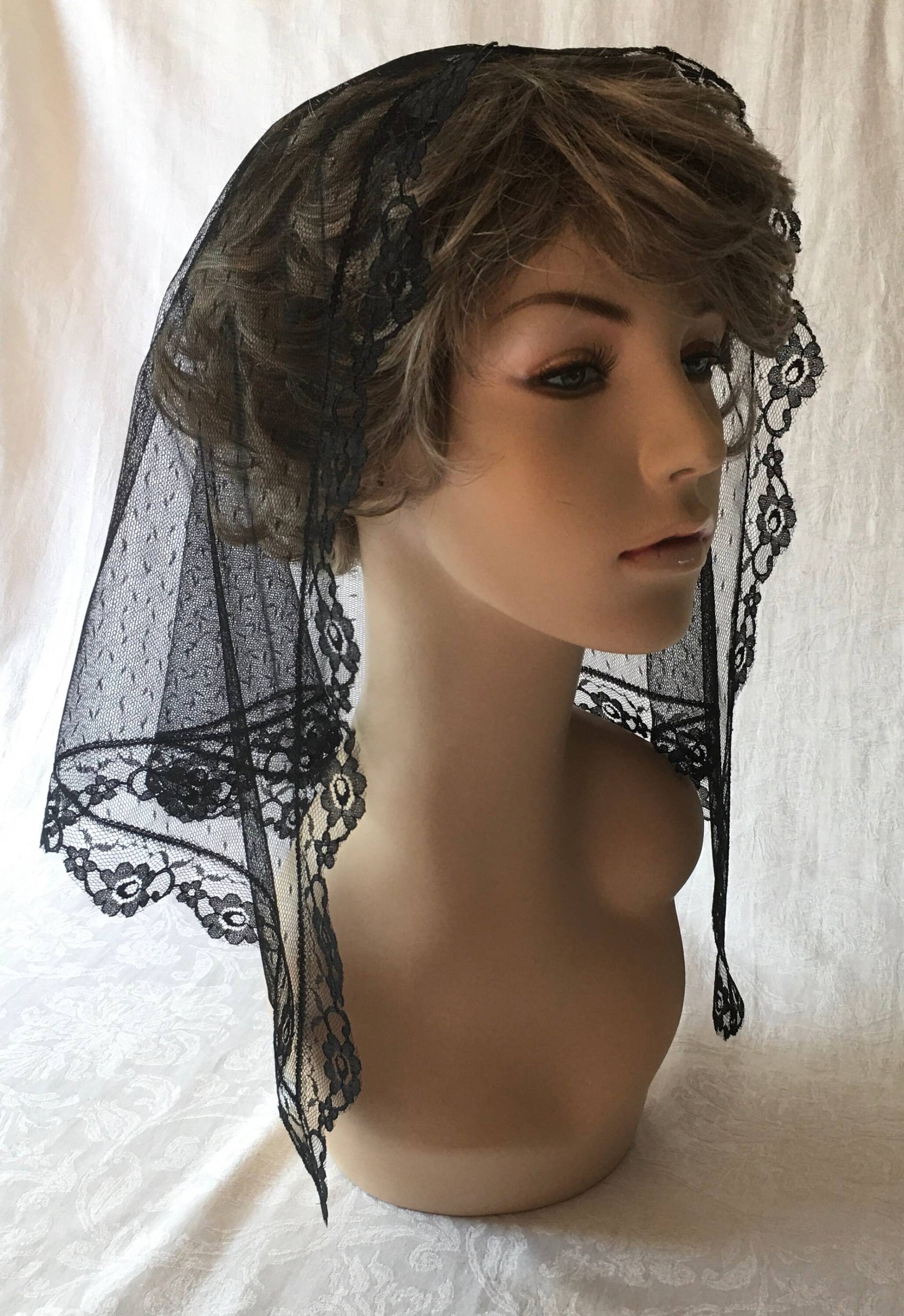 Schwarzer, Transparenter Mantilla Kopfbedeckungs-Kapellenschleier Mit Spitze Schwarzer, Transparenter Mantilla Kopfbedeckungs-Kapellenschleier Mit Spitze von headcoverings