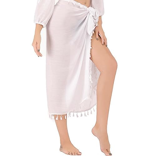 Strand Sarong Lang Damen, Chiffon Badeanzug Strandrock Wrap mit Quasten, Vertuschung Sexy Pareo Strandtuch Wickelrock Strandkleid Badeanzug, Cover Up Bikini Strand Rock für Damen Sommer (Weiß) von heavenlife