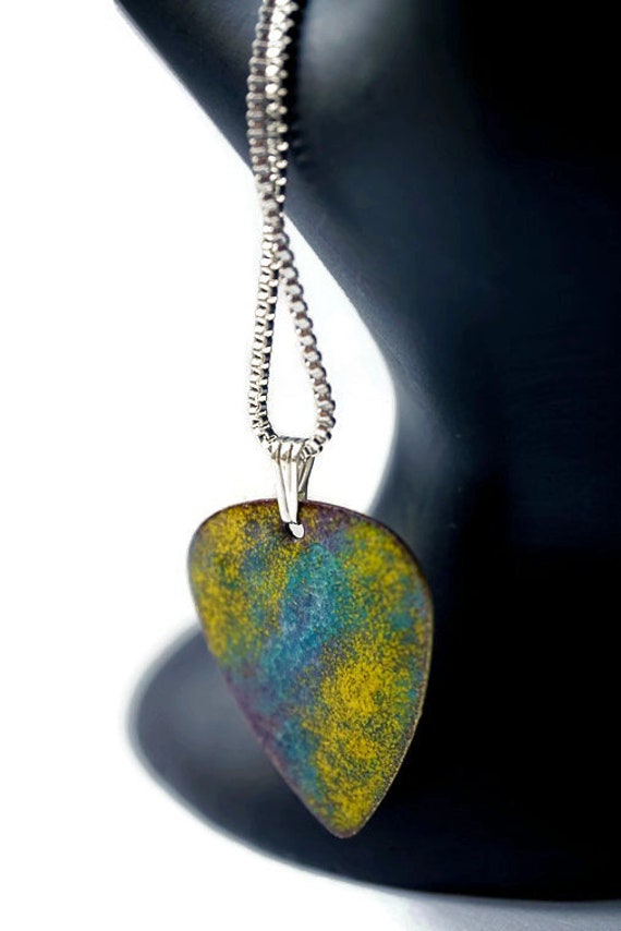 Emailliertes Kupfer Plektrum Halskette, Sterling Silber Kette, Musiker Geschenk von heavyistheheart