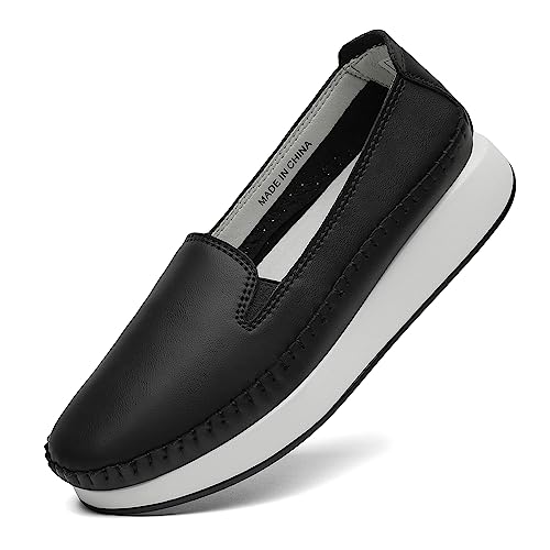 hecodi Damen Slip On Modische Sneaker Mit Perforiertem/Gestepptem Design, Plateau-Casual-Schuhen Und Flachen Laufschuhen Einfarbig, Komfortabel, Schwarz EU-39 von hecodi