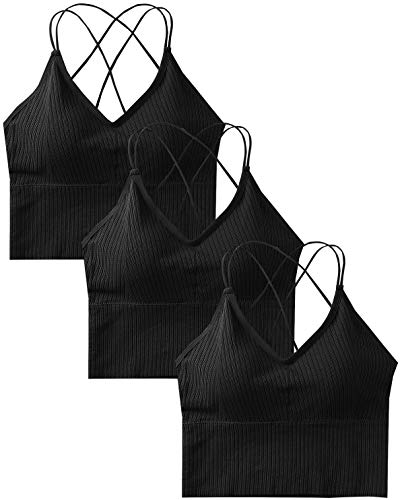 Sport BH Damen Bustier BH Ohne Bügel Sport Bra Top Spaghettiträger Cross Back Design Push up BH für Yoga Fitness, 3er Pack-3*schwarz-Einheitsgröße von heekpek