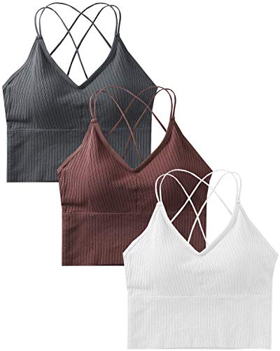 Sport BH Damen Bustier BH Ohne Bügel Sport Bra Top Spaghettiträger Cross Back Design Push up BH für Yoga Fitness, 3er Pack-Grau+weiß+kaffee-Einheitsgröße von heekpek