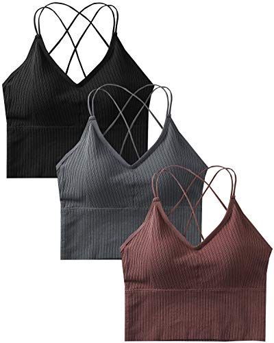 Sport BH Damen Bustier BH Ohne Bügel Sport Bra Top Spaghettiträger Cross Back Design Push up BH für Yoga Fitness, 3er Pack-Schwarz+grau+kaffee-Einheitsgröße von heekpek