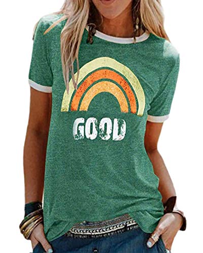 T Shirt Damen Kurzarm Baumwolle Rundhal T-Shirt Muster Regenbogen Shirt Oberteile Hemd Tops Bluse Sommer Lässiges Outdoor T-Shirt-Grün-M von heekpek