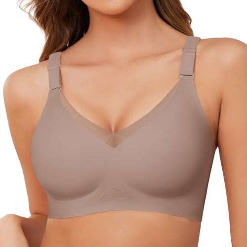 heekpek BH Damen Ohne Bügel Push Up Bügelloser Seamless Mesh V-Ausschnitt BHS Soft Nahtloser Comfit Bralette Bra Große Größen, Grau, M von heekpek