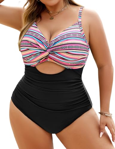 heekpek Badeanzug Damen Bauchweg Große Größen Einteiliger Badeanzug Große Oberweite V-Ausschnitt Ruched Bademode Plus Size Badebekleidung, Farbe schwarz, M von heekpek