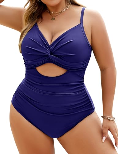 heekpek Badeanzug Damen Bauchweg Große Größen Einteiliger Badeanzug Große Oberweite V-Ausschnitt Ruched Bademode Plus Size Badebekleidung, Marineblau, L von heekpek