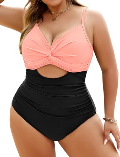 heekpek Badeanzug Damen Bauchweg Große Größen Einteiliger Badeanzug Große Oberweite V-Ausschnitt Ruched Bademode Plus Size Badebekleidung, Rosa schwarz, M von heekpek