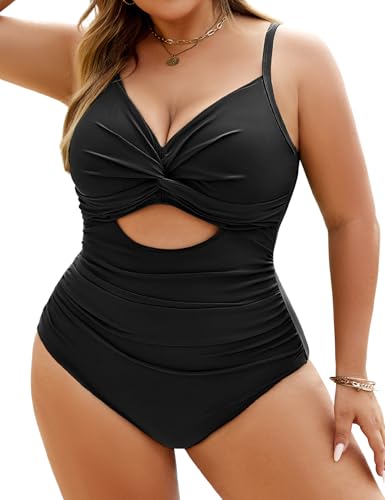 heekpek Badeanzug Damen Bauchweg Große Größen Einteiliger Badeanzug Große Oberweite V-Ausschnitt Ruched Bademode Plus Size Badebekleidung, Schwarz, L von heekpek