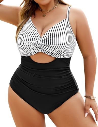 heekpek Badeanzug Damen Bauchweg Große Größen Einteiliger Badeanzug Große Oberweite V-Ausschnitt Ruched Bademode Plus Size Badebekleidung, Schwarz weiße, L von heekpek