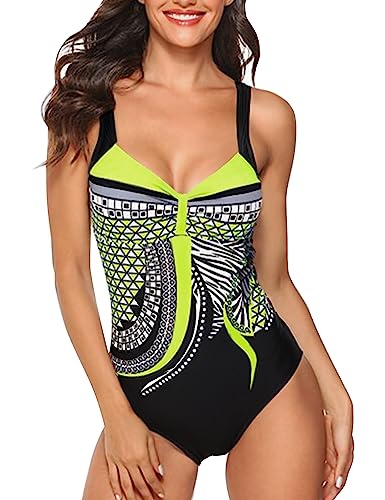 heekpek Badeanzug Damen Push up Vintage Badebekleidung Damen Bauchweg Sport Badeanzüge Frauen mit Bügel Figurformend Badeanzug Tribal Print Gepolsterte Große Größen Bademode von heekpek