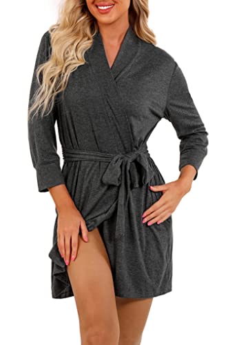 heekpek Bademantel Damen Sommer Winter Kurz Morgenmantel V-Ausschnitt Reisebademantel Baumwolle 3/4 Ärmeln Saunamantel Kimono mit Gürtel Nachthemd für Braut Nachtwäsche,Dunkelgrau L von heekpek