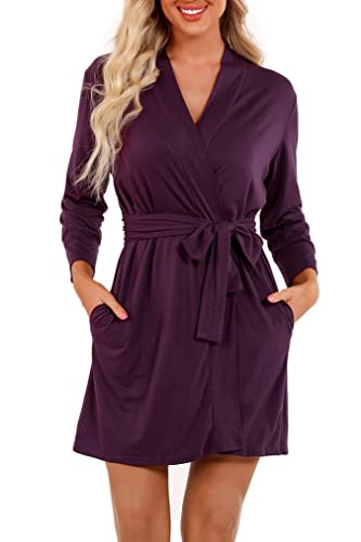 heekpek Bademantel Damen Sommer Winter Kurz Morgenmantel V-Ausschnitt Reisebademantel Baumwolle 3/4 Ärmeln Saunamantel Kimono mit Gürtel Nachthemd für Braut Nachtwäsche,Violett S von heekpek