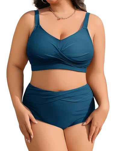 heekpek Bikini Damen Set Bauchweg Badeanzug Große Größen Zweiteiliger Damen Sommer Bademode V-Ausschnitt High Waist Bikini Plus Size, Blau Grün, М von heekpek