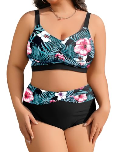 heekpek Damen Bikini-Set Plus Size Sommer Bademode V-Ausschnitt High Waist Blaue Blume, L von heekpek