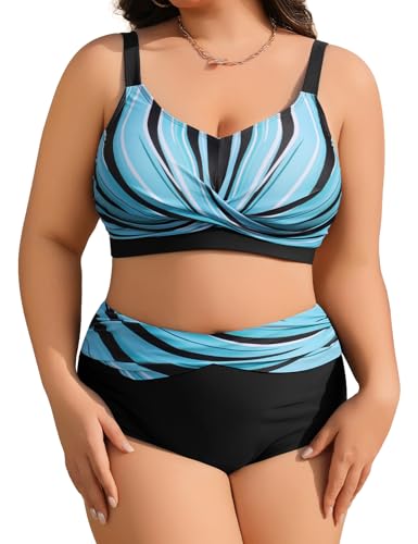 heekpek Bikini Damen Set Bauchweg Badeanzug Große Größen Zweiteiliger Damen Sommer Bademode V-Ausschnitt High Waist Bikini Plus Size Damen, Blauer Streifen, M von heekpek