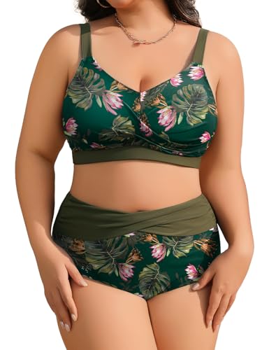 heekpek Damen Bikini-Set Plus Size Sommer Bademode V-Ausschnitt High Waist Bikini Grüne Blume, L von heekpek
