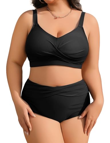 heekpek Damen Bikini-Set Plus Size Schwarz L Ärmellos Einfarbig Hoch V-Ausschnitt Pull-on von heekpek