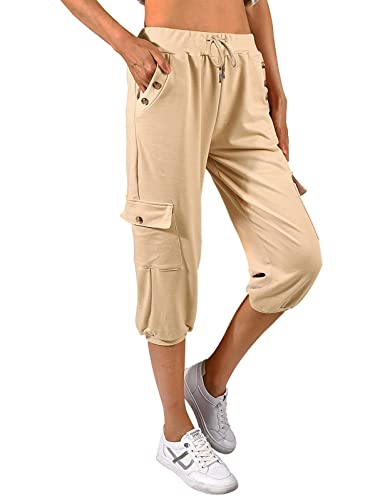 heekpek Caprihose Damen Sommer 3/4 Jogginghose Damen Kurze Sommerhose Leichter Casual Lose Elastischen Kordelzug Hose mit Tashen Freizeithosen Sweathose, Khaki, L von heekpek