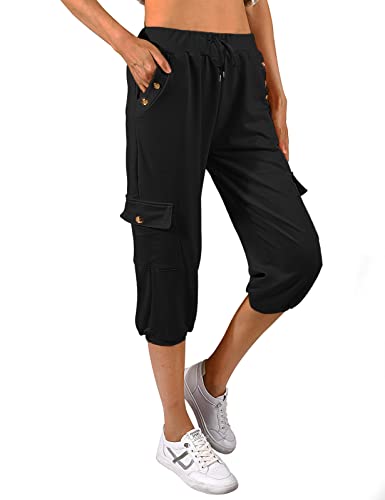 heekpek Caprihose Damen Sommer 3/4 Jogginghose Damen Kurze Sommerhose Leichter Casual Lose Elastischen Kordelzug Hose mit Tashen Freizeithosen Sweathose, Schwarz, L von heekpek