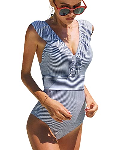 heekpek Damen Badeanzug Rüsche Tief V-Ausschnitt Gestreift Rückenfrei Sexy Einteiliger Badeanzug Einteiliger Push-up Bademode Strandbikini,Blau L von heekpek