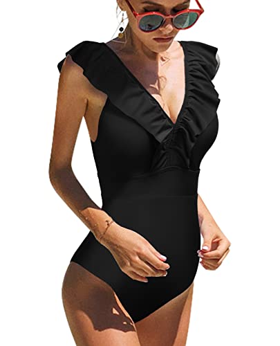 heekpek Damen Badeanzug Rüsche Tief V-Ausschnitt Gestreift Rückenfrei Sexy Einteiliger Badeanzug Einteiliger Push-up Bademode Strandbikini (Pures Schwarz, XXL) von heekpek