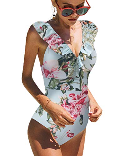 heekpek Damen Badeanzug V-Ausschnitt Bikini Einteiliger Badeanzug Sexy Rüschen Figurformend Strandbekleidung Bedruckt Vintage High Waist Bikini Monokini Damen von heekpek