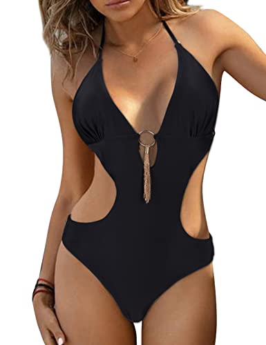 heekpek Damen Badeanzug V Ausschnitt Monokinis Aushöhlen Bauchweg Einteilige Bademode Vintage-Druck Swimsuit (pures Schwarz, M) von heekpek