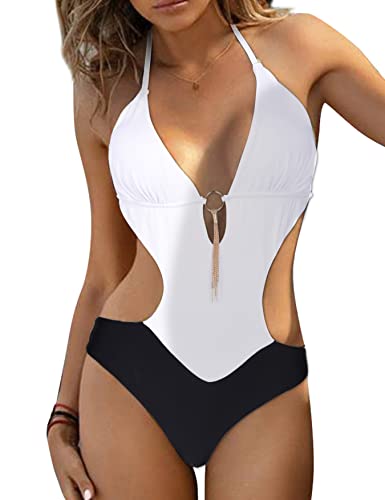 heekpek Damen Badeanzug V Ausschnitt Monokinis Aushöhlen Bauchweg Einteilige Bademode Vintage-Druck Swimsuit (schwarz+weiß, S) von heekpek